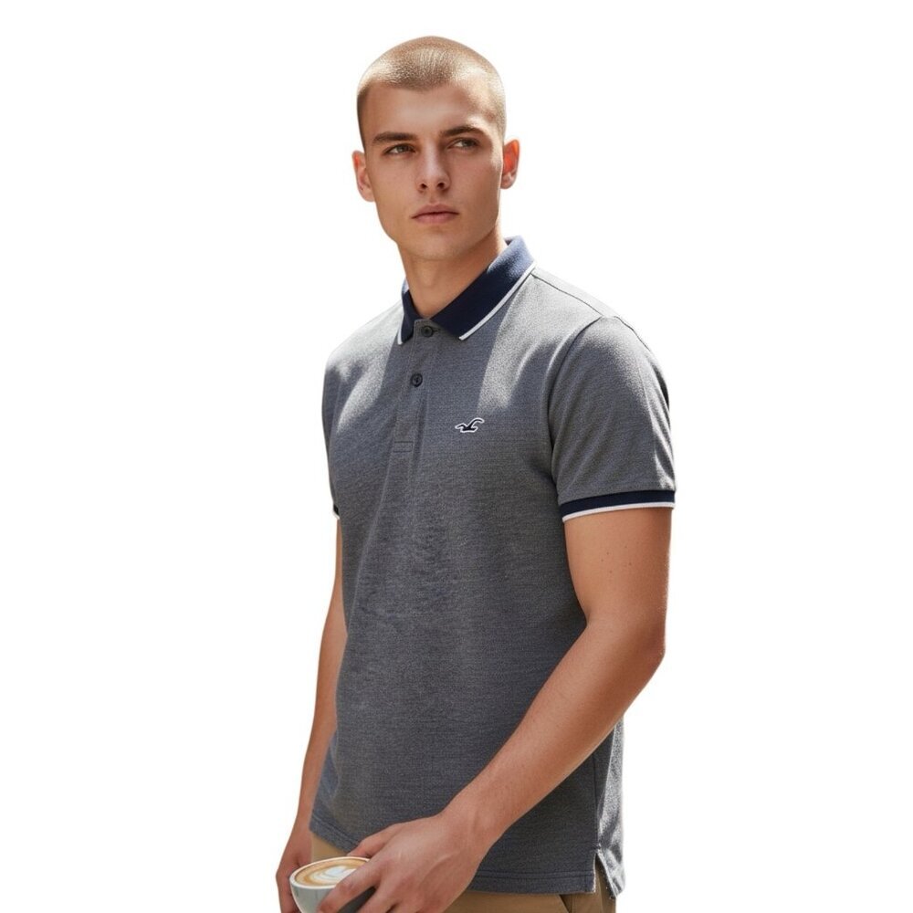 Hollister Mens Epic Flex Polo Shirt~Size Medium~Blue White Stretch Top L14 02